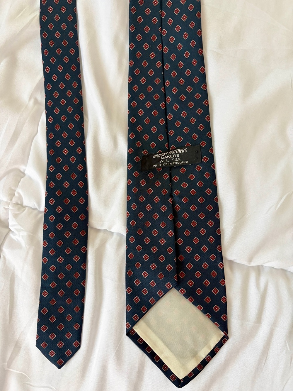 Brooks Brothers Navy Silk Tie with Red Geometric Motif